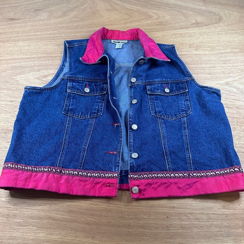 Adriana Sport Denim Vest Womens 20W Pink Trim Beaded Western Y2K